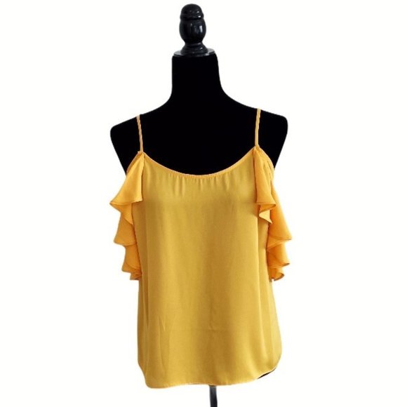 L'Academie X Revolve Marigold Yellow Off-Shoulder Ruffle Satin Cami Top M - Picture 1 of 12